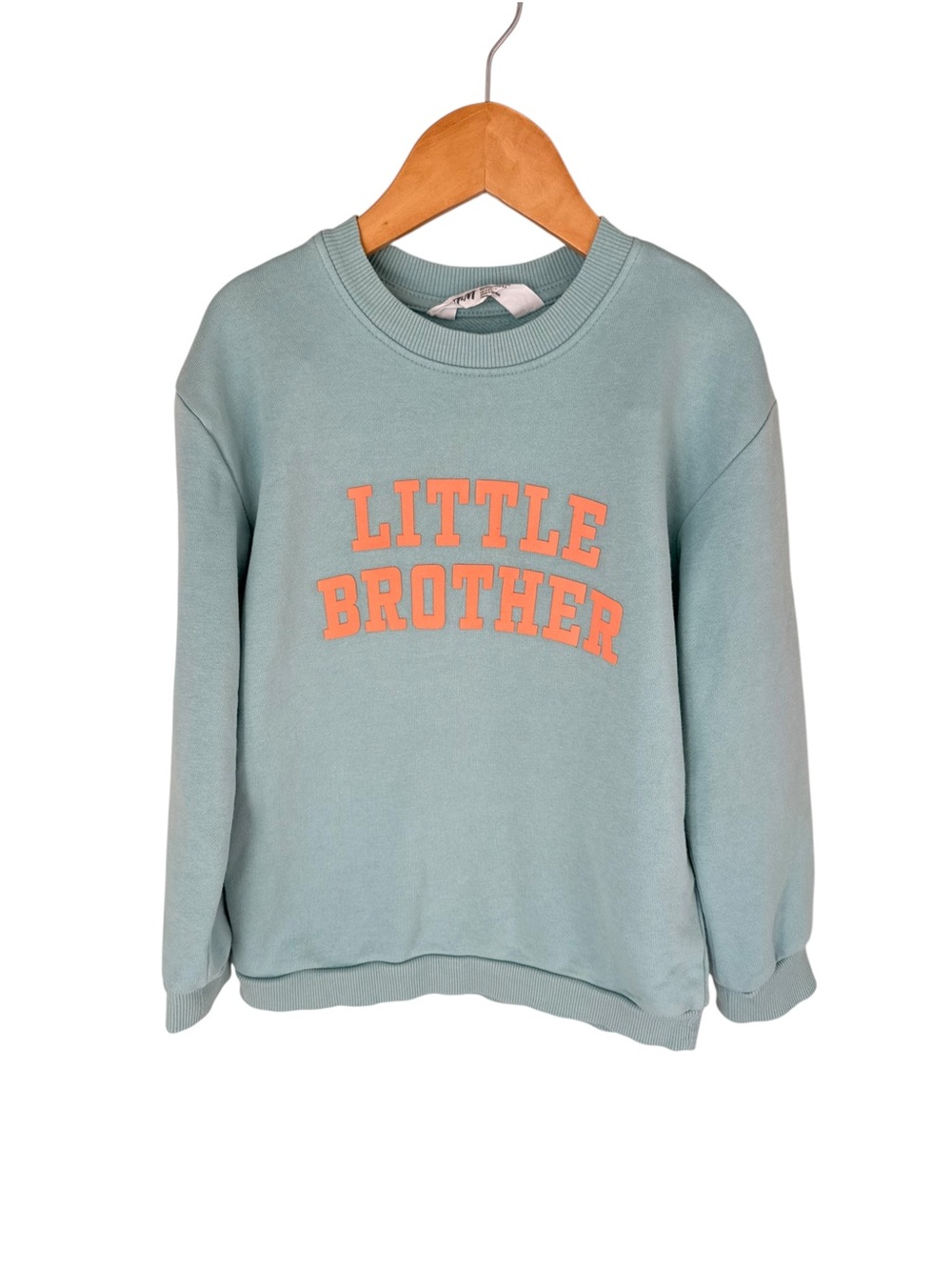 H&M Light Teal Sweatshirt with Orange 'LITTLE BROTHER' Graphic 5/6 years